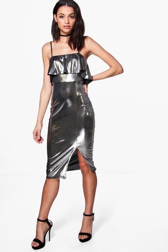 Lauren Ruffle Metallic Strappy Midi Dress